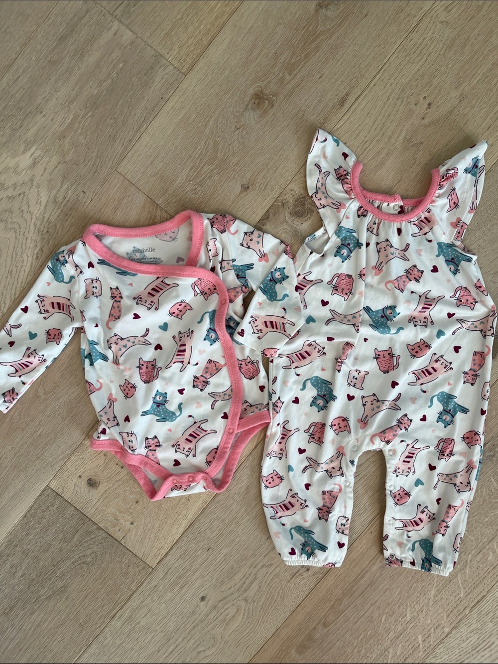 MINIVILLE Pink & White Kitty Print Baby One-Piece Bodysuit Set